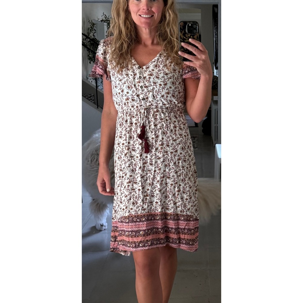 Knox Rose Floral Boho Mini Dress Cream Maroon Tassel Elastic Waist Small